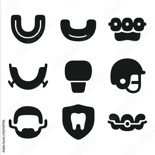 Teeth Protection Icons. Solid, filled icon set of teeth protection gear: mouth guard, night guard, dental braces, retainer, dental