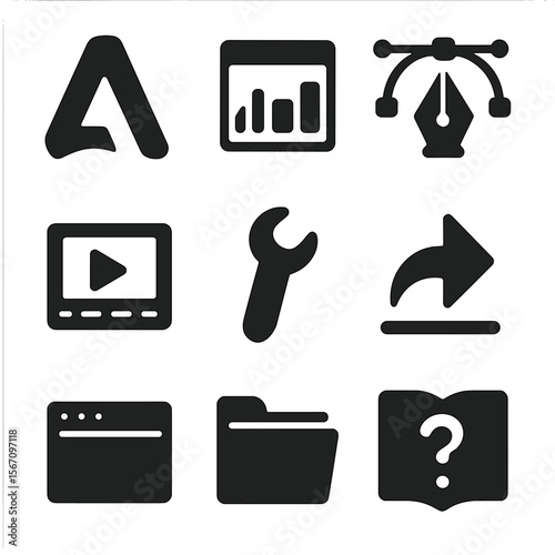 Mastering Software Icons. Solid, filled icons set of mastering software tools: Adobe icon, spreadsheet chart,