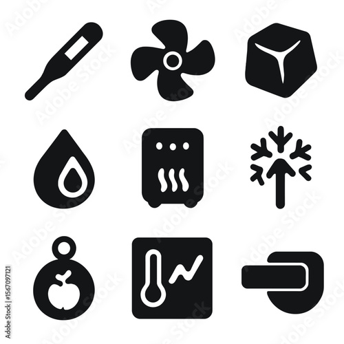 Temperature and Freshness Icons. Solid, filled icon set of temperature and freshness tools: digital thermometer, cooling fan, ice