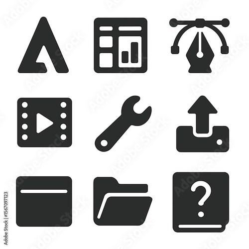 Mastering Software Icons. Solid, filled icons set of mastering software tools: Adobe icon, spreadsheet chart,