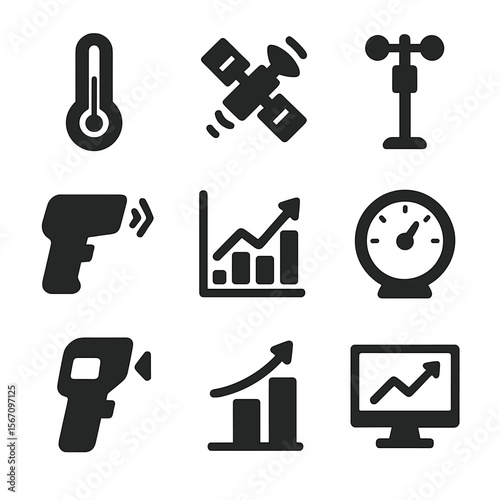 Temperature Tools Icons. Solid, filled icon set of temperature rise measurement tools: thermometer, satellite, weather station,