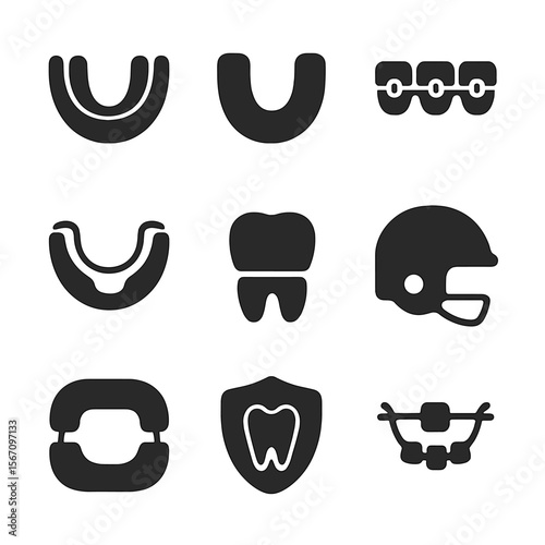 Teeth Protection Icons. Solid, filled icon set of teeth protection gear: mouth guard, night guard, dental braces, retainer, dental