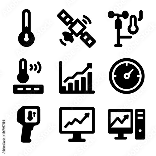 Temperature Tools Icons. Solid, filled icon set of temperature rise measurement tools: thermometer, satellite, weather station,