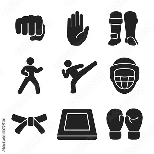 Martial Arts Icons. Solid, filled icons set of offense vs defense in martial arts: punch icon, block hand,