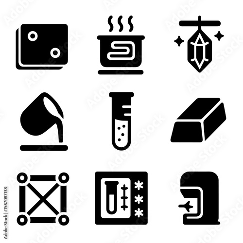 Material Science Icons. Solid, filled icons set of material science in orbit: metal plate, heating unit,