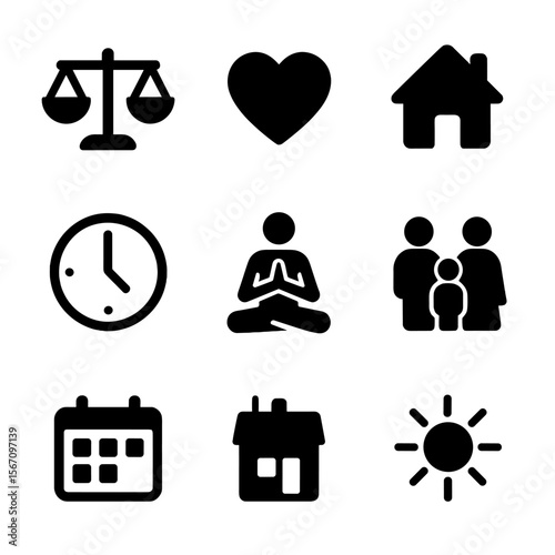Work-Life Balance Icons. Solid, filled icon set of Work-life balance icons: scales, heart, briefcase, house, clock, yoga pose,