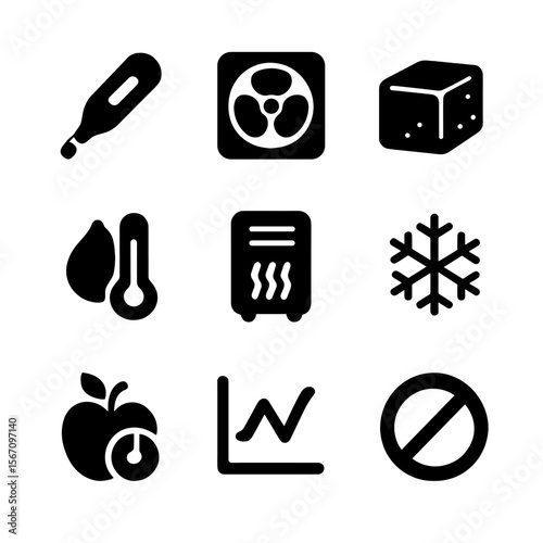 Temperature and Freshness Icons. Solid, filled icon set of temperature and freshness tools: digital thermometer, cooling fan, ice