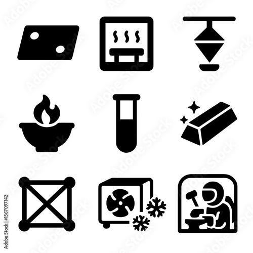 Material Science Icons. Solid, filled icons set of material science in orbit: metal plate, heating unit,