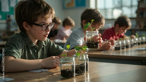 Boy observing plant seedlings in science class with classmates in background
