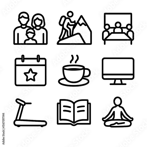 Work-Life Balance Icons. Solid, filled icon set of Work-life balance: family portrait, mountain hike, meeting room, yoga stretch,