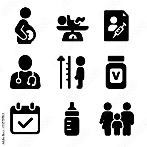 Maternal Health Icons. Solid, filled icons set of maternal and child health outreach: pregnant figure, baby