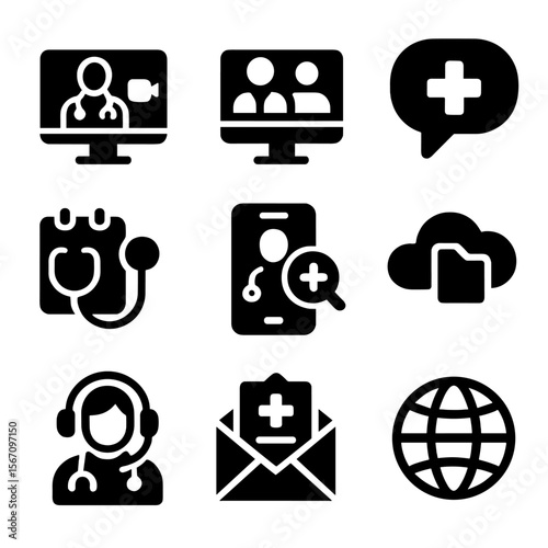 Remote Medical Icons. Solid, filled icon set of remote medical teamwork: video call, shared screen, chat bubble with cross,