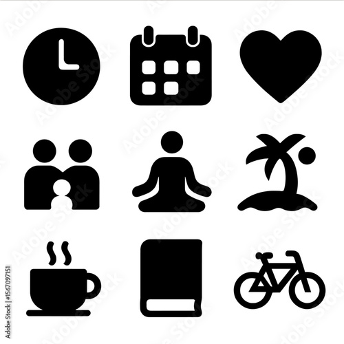 Work-Life Balance Icons. Solid, filled icon set of work-life balance: clock, calendar, family, heart, yoga pose, beach, coffee,