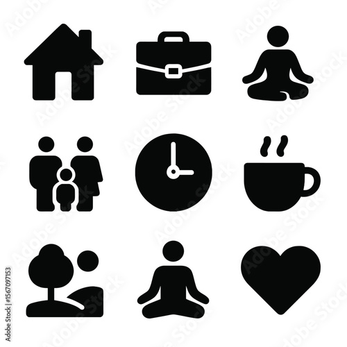 Work-Life Balance Icons. Solid, filled icon set of work-life balance: house, briefcase, yoga pose, family, clock, coffee, nature,
