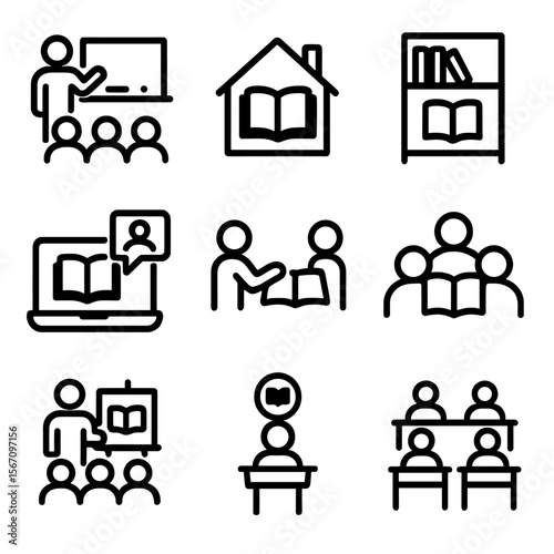 Textbook Usage Icons. Solid, filled icon set of textbook usage scenarios: classroom, home study, library, online learning,