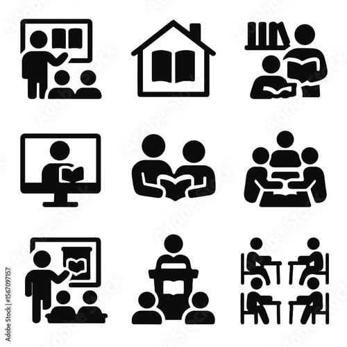 Textbook Usage Icons. Solid, filled icon set of textbook usage scenarios: classroom, home study, library, online learning,