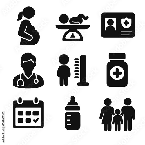Maternal Health Icons. Solid, filled icons set of maternal and child health outreach: pregnant figure, baby