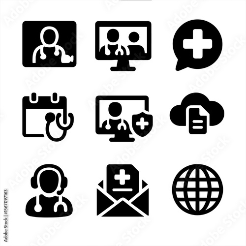 Remote Medical Icons. Solid, filled icon set of remote medical teamwork: video call, shared screen, chat bubble with cross,
