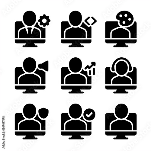 Remote Team Role Icons. Solid, filled icon set of remote team roles: manager, developer, designer, marketer, analyst, support, HR,