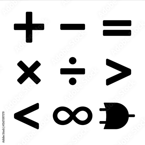 Mathematical Symbols Grid. Solid, filled icons set of mathematical and logical symbols: plus, minus, equals,