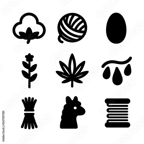 Textile Fiber Icons. Solid, filled icon set of textile fibers: cotton boll, wool ball, silk cocoon, flax stalk, hemp leaf,