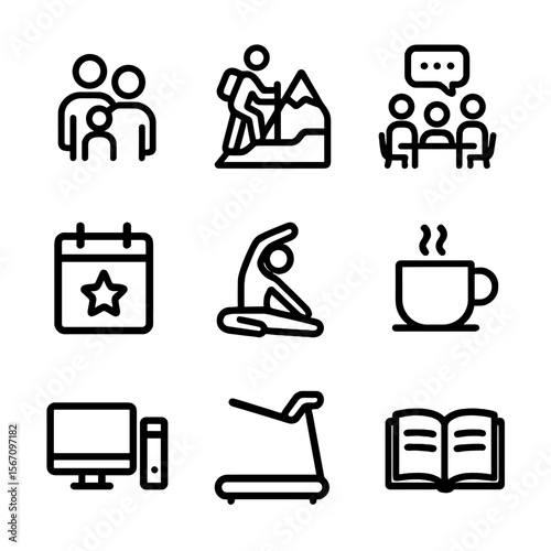 Work-Life Balance Icons. Solid, filled icon set of Work-life balance: family portrait, mountain hike, meeting room, yoga stretch,
