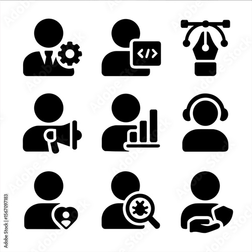 Remote Team Role Icons. Solid, filled icon set of remote team roles: manager, developer, designer, marketer, analyst, support, HR,