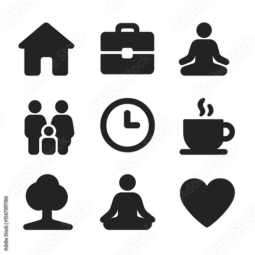 Work-Life Balance Icons. Solid, filled icon set of work-life balance: house, briefcase, yoga pose, family, clock, coffee, nature,