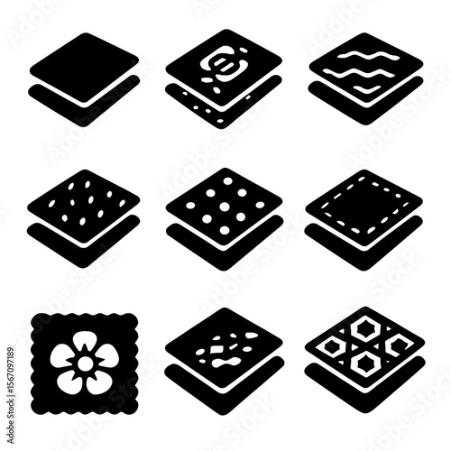 Textile Pattern Icons. Solid, filled icon set of layered textile patterns: base fabric, overlay motif, blended textures, print