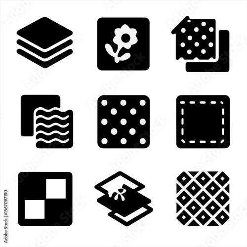 Textile Pattern Icons. Solid, filled icon set of layered textile patterns: base fabric, overlay motif, blended textures, print