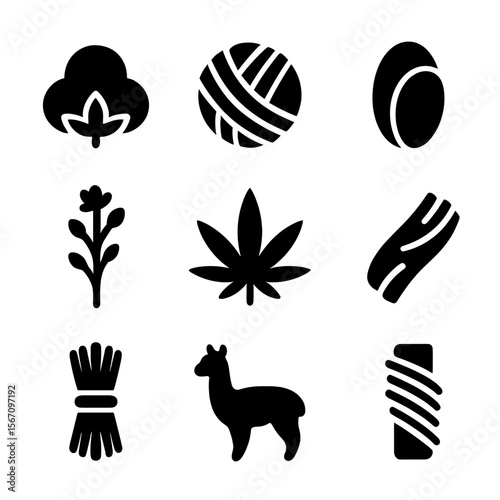Textile Fiber Icons. Solid, filled icon set of textile fibers: cotton boll, wool ball, silk cocoon, flax stalk, hemp leaf,