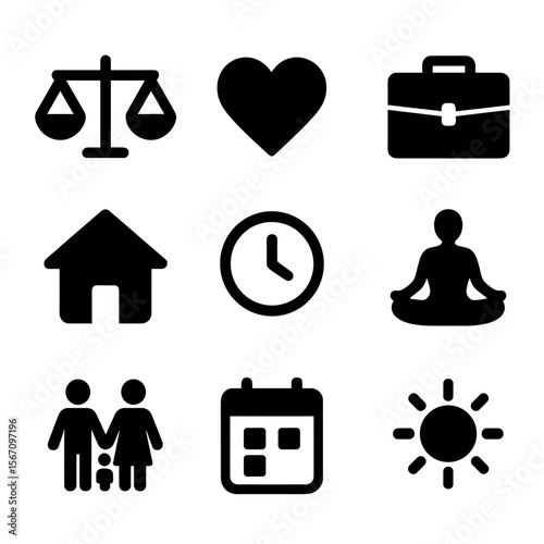 Work-Life Balance Icons. Solid, filled icon set of Work-life balance icons: scales, heart, briefcase, house, clock, yoga pose,