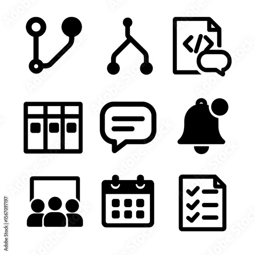 Workflow Icon Set. Solid, filled icon set of collaboration workflow: pull request, merge, code review, task board, chat bubble,