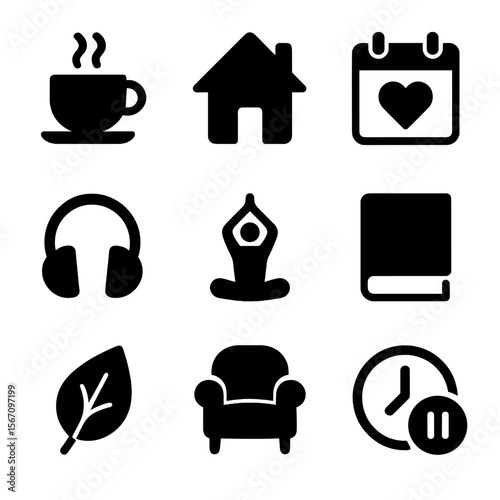 Work-Life Icons Grid. Solid, filled icon set of work-life balance: coffee cup, home icon, calendar with heart, headphones, yoga