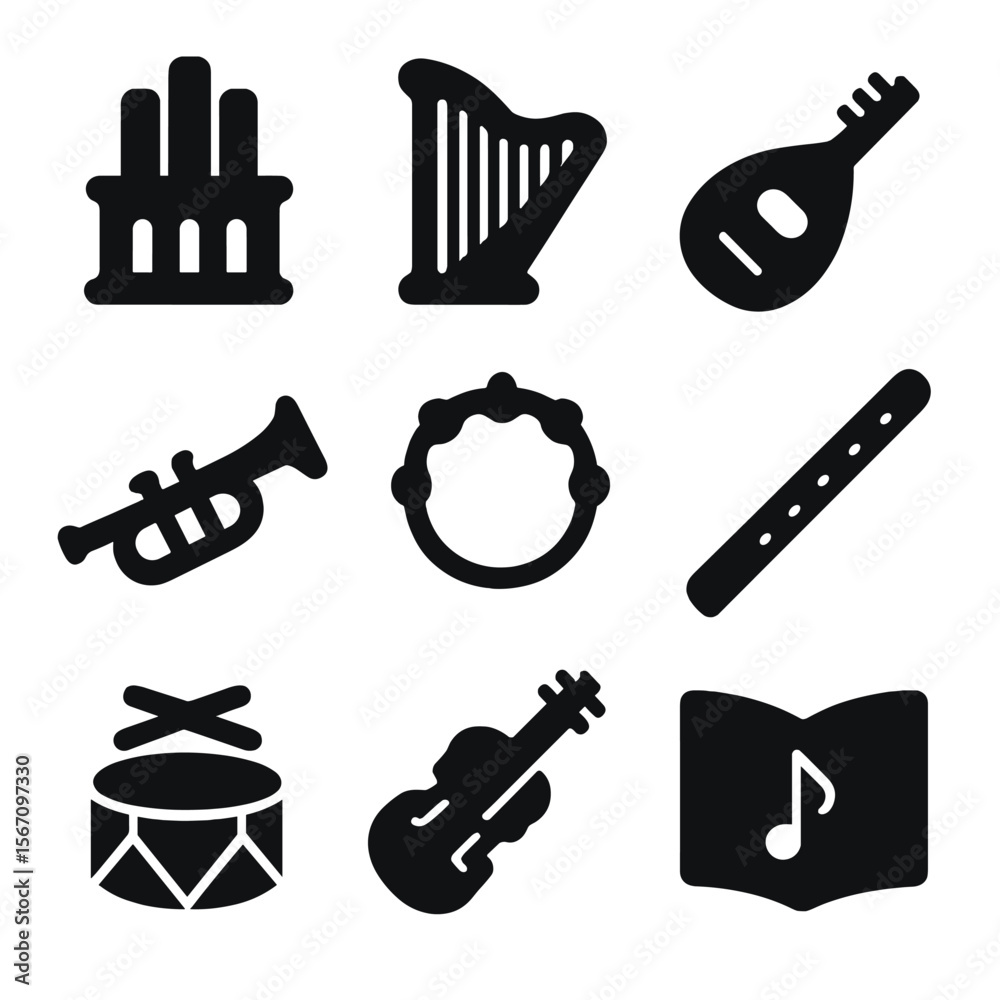 Worship Instrument Icons. Solid, filled icon set of musical instruments in worship: organ, harp, lute, trumpet, tambourine, flute, Worship Instrument Icons. Solid, filled icon set of musical instruments in worship: organ, harp, lute, trumpet, tambourine, flute,