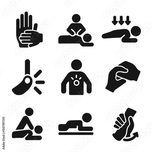Therapeutic Massage Icons. Solid, filled icon set of therapeutic massage techniques: hand massage, back rub, deep tissue,