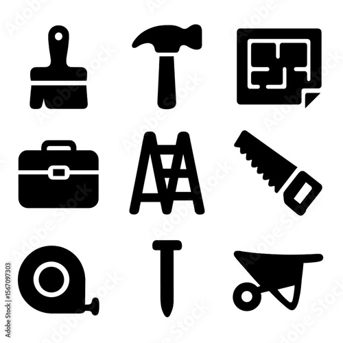 Renovation Tools Icons. Solid, filled icon set of renovation and restoration: paint brush, hammer, blueprint, toolbox, ladder, saw