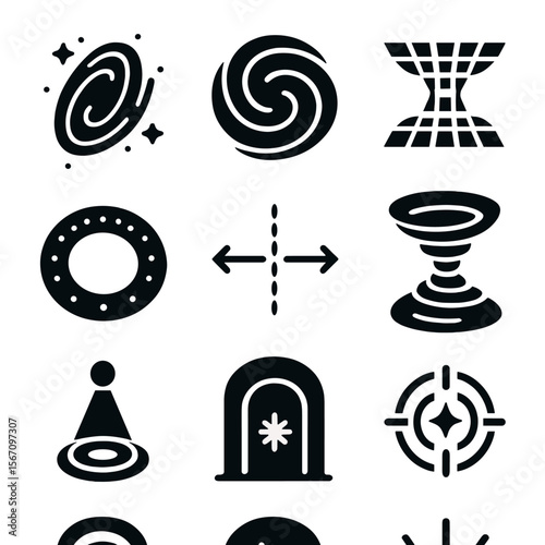 Wormhole Travel Icons. Solid, filled icon set of wormhole travel: galactic tunnel, spiral hole, bending grid, gravity ring, portal