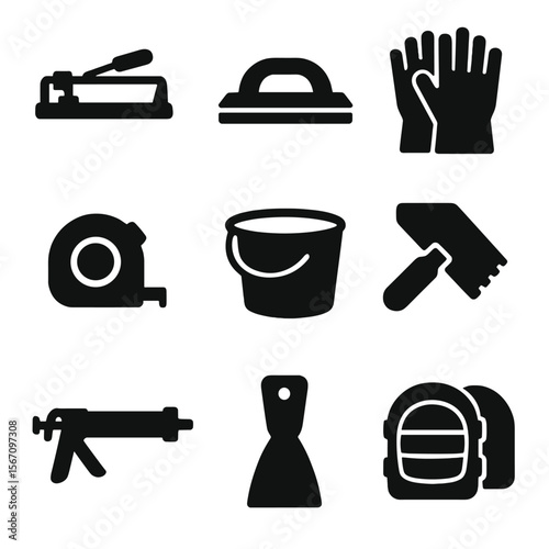 Tile Installation Tools. Solid, filled icon set of tile installation tools: tile cutter, grout float, rubber gloves, tape measure,