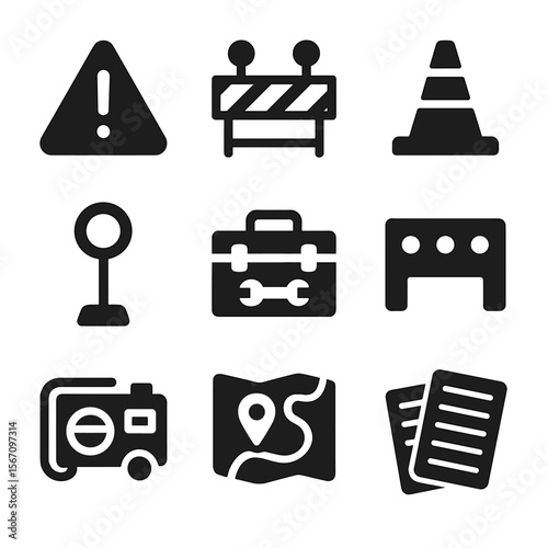 Repair Site Icons. Solid, filled icon set of repair site setup: warning signs, barricades, cones, portable lights, toolboxes,