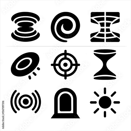 Wormhole Travel Icons. Solid, filled icon set of wormhole travel: galactic tunnel, spiral hole, bending grid, gravity ring, portal