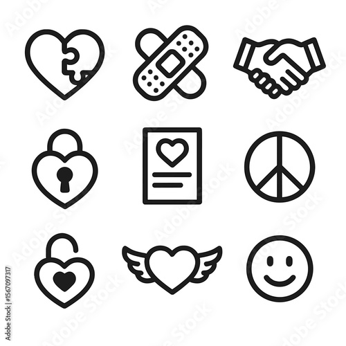 Repairing Trust Icons. Solid, filled icon set of repairing trust after jealousy: heart puzzle, bandage, handshake, locked heart,