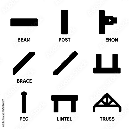 Timber Framing Icons. Solid, filled icon set of timber framing components: beam, post, mortise and tenon joint, brace, rafter,