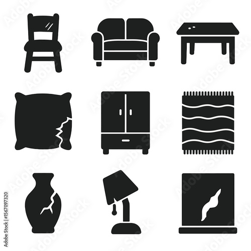 Worn Furniture Icons. Solid, filled icon set of worn furniture: scratched chair, faded sofa, chipped table, torn cushion, dented