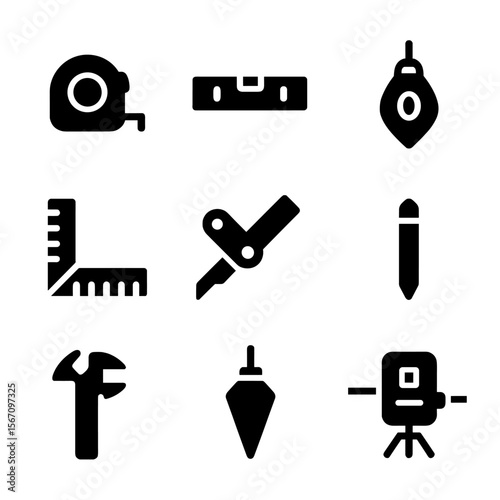Timber Framing Tools Icons. Solid, filled icon set of timber framing measurement and marking tools: tape measure, spirit level,