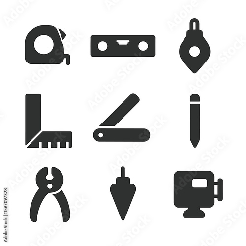 Timber Framing Tools Icons. Solid, filled icon set of timber framing measurement and marking tools: tape measure, spirit level,