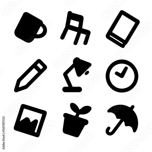 Tilted Everyday Icons. Solid, filled icon set of tilt in everyday objects: tilted cup, leaning chair, slanting book, tipped pencil