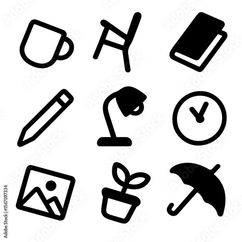 Tilted Everyday Icons. Solid, filled icon set of tilt in everyday objects: tilted cup, leaning chair, slanting book, tipped pencil