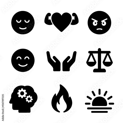 Resilience Icon Set. Solid, filled icon set of resilience emotions: calm face, strong heart, determined eyes, smiling face, open