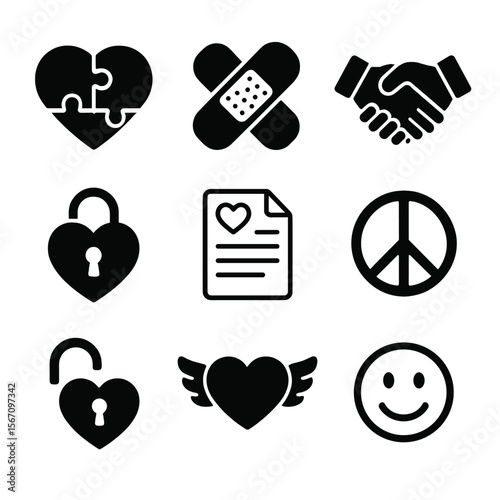 Repairing Trust Icons. Solid, filled icon set of repairing trust after jealousy: heart puzzle, bandage, handshake, locked heart,